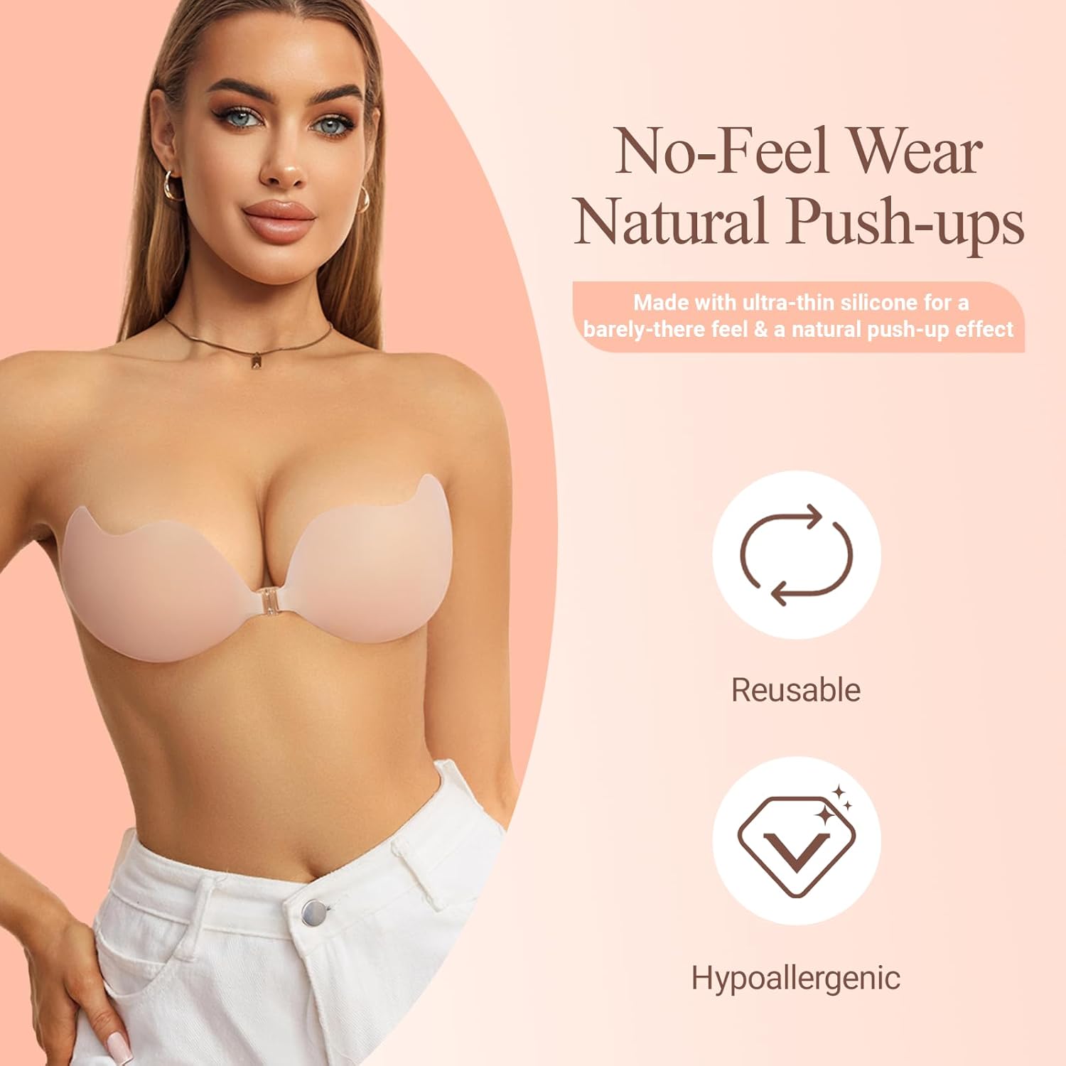 Rosefly Silicone Sticky Bra for Women,Strapless Backless Bras with Aloe AB Adhesive Bond, Adhesive Bra Push up & Invisible Seamless Body Silhouette for Plunging Dress, Cups A-D, Creme - Image 2