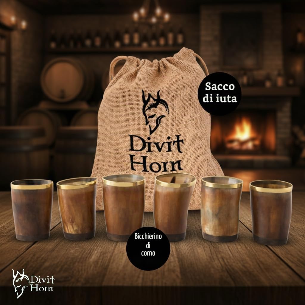 Bicchierini Vichingo in Corno Autentico | Bicchierini con Coperchio per Birra Autentico e Medievale | capienza di 130 ml (4.5 oz) | Bicchierini in Corno della Migliore qualità