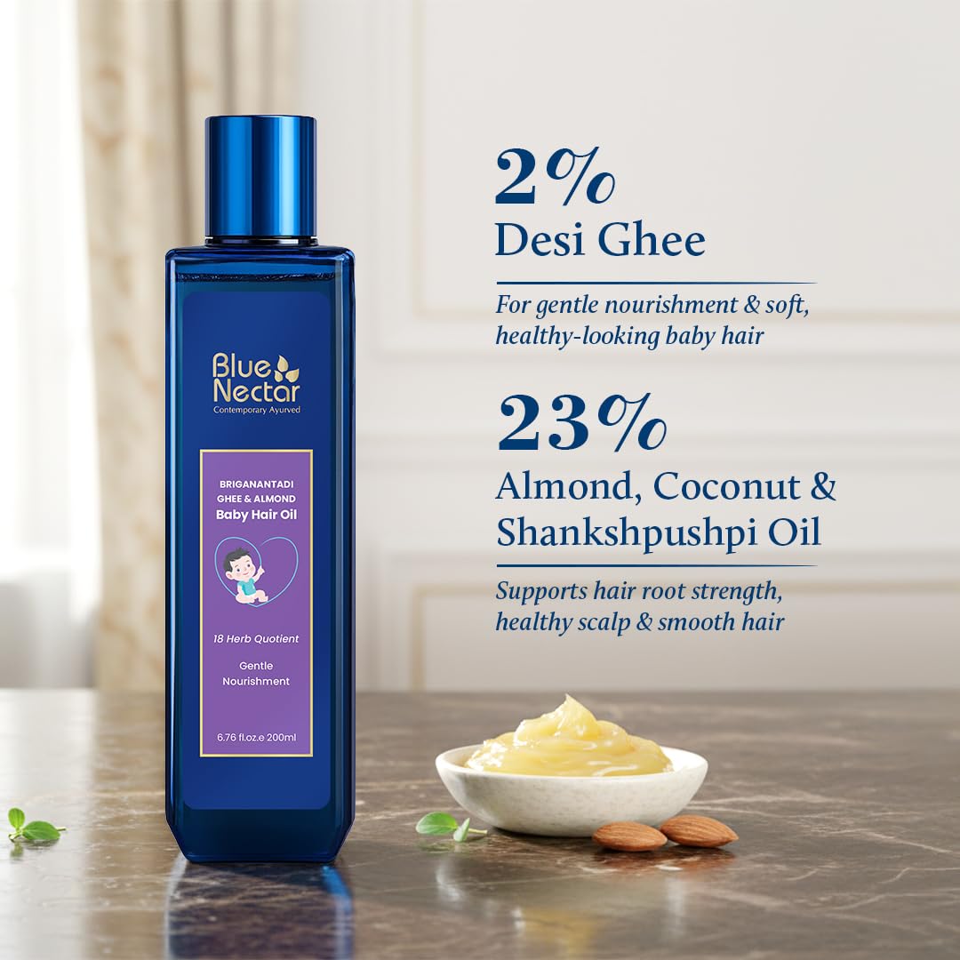 Blue Nectar Ayurvedic Baby Hair Oil with Ghee for Healthy Scalp. 100% Natural Baby Hair Growth Oil with Almond Oil and Olive Oil for Scalp Hydration and Nourishment (18 Herbs, 100 ml ) 1