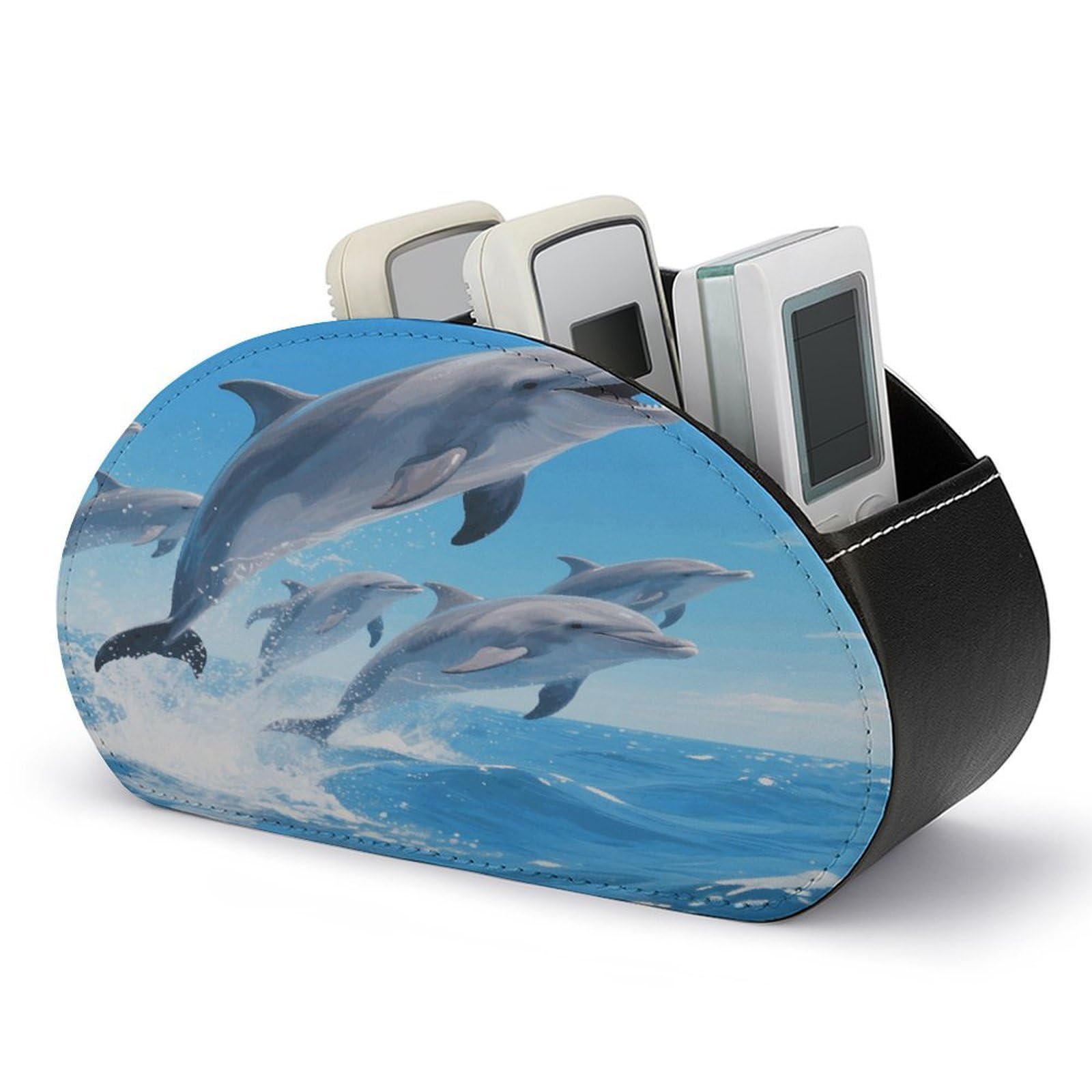 VstaDank Dolphins Remote Control Holder PU Leather Multi-Functional Office Organizar Box Makeup Brush Holder Desk Storage with 5 Compartment TV Remote Media Player Box