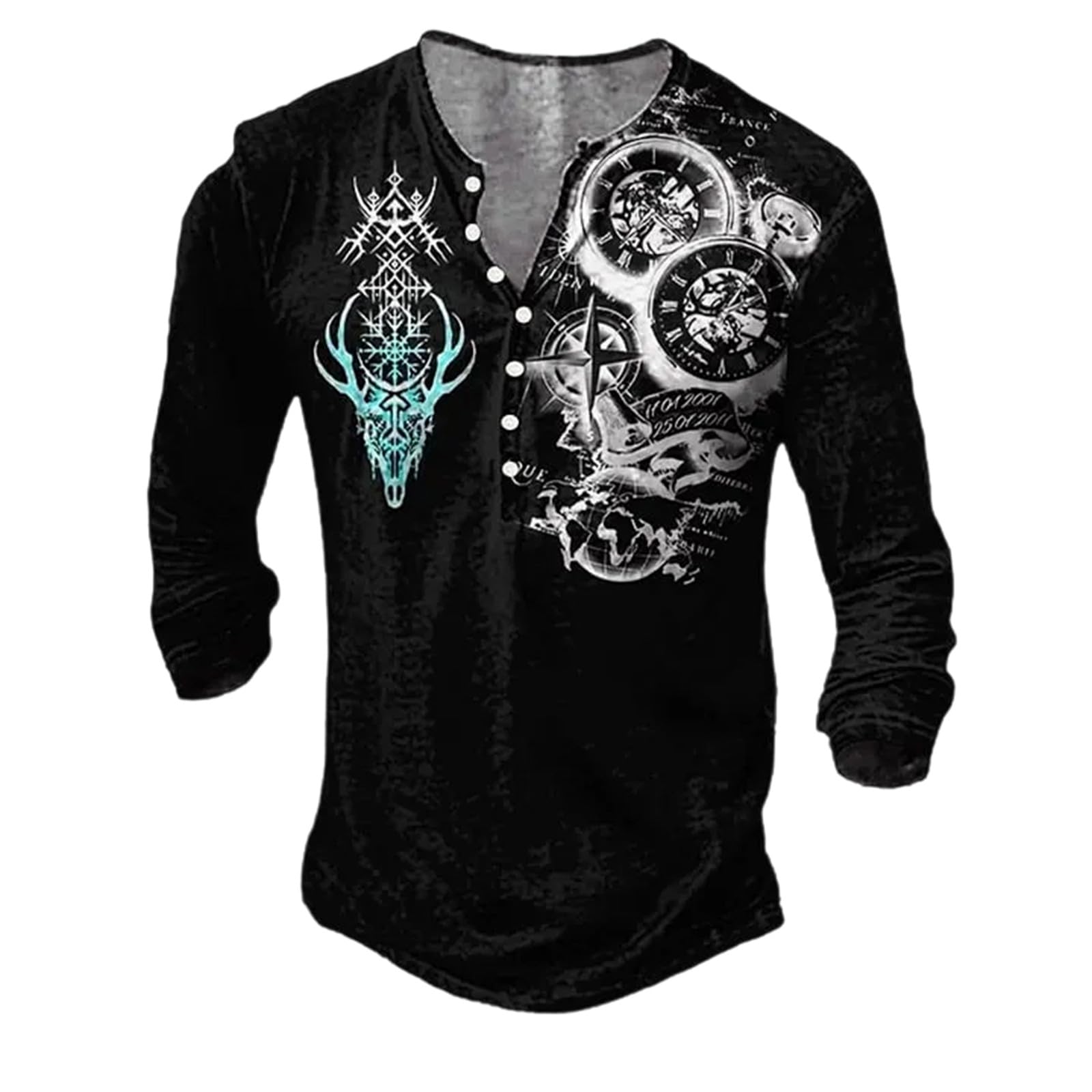 Men's Gothic Nordic Mythology T Shirts Retro Printed V Neck Lace Up Long Sleeve Pullover Vintage Distressed Henley Shirt Top Street Tshirt Sports Shirt, Black, L