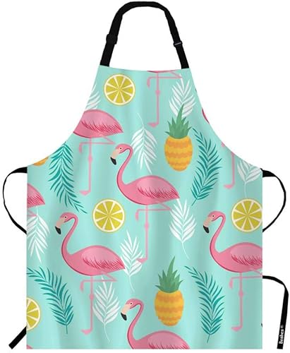 Delantal de cocina con diseño de flamenco, piñas, hojas exóticas, diseño de pájaros tropicales, pájaros exóticos, de verano, de poliéster,