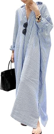 Hotmiss Womens Striped Long Sleeve Rolled Up Button Down Lightweight Loose Fit Cotton Long Blouse Shirt Maxi Dress