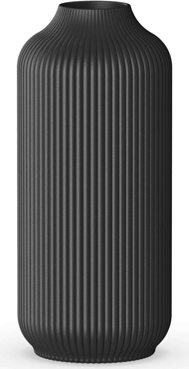 Ribbed Ceramic Black Vase for Pampas Grass, Decorative Flower Vase for Pampas Grass
