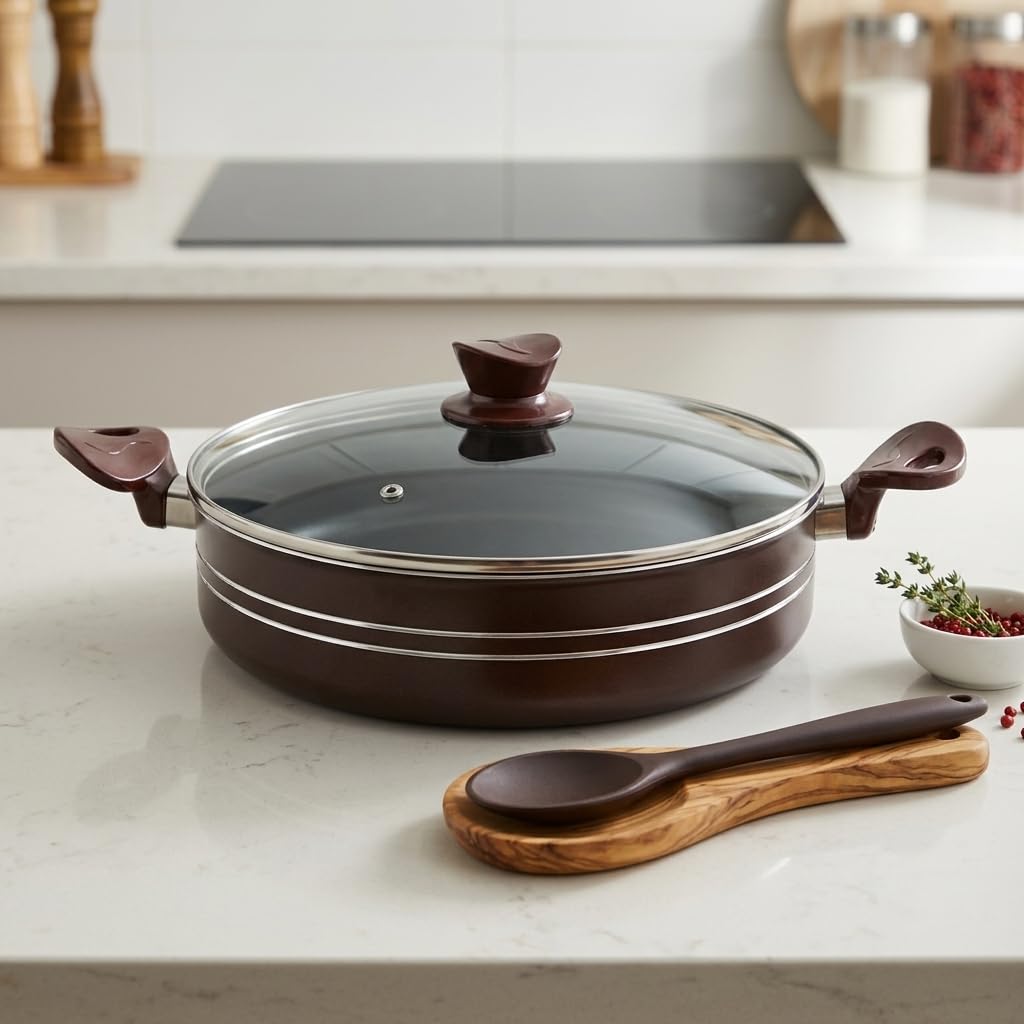 Papilla Assos 30 cm Karnıyarık Tenceresi - Bordo Renkli, Çift Çizgi Detaylı Cam Kapaklı Yanmaz Yapışmaz Sığ Tencere