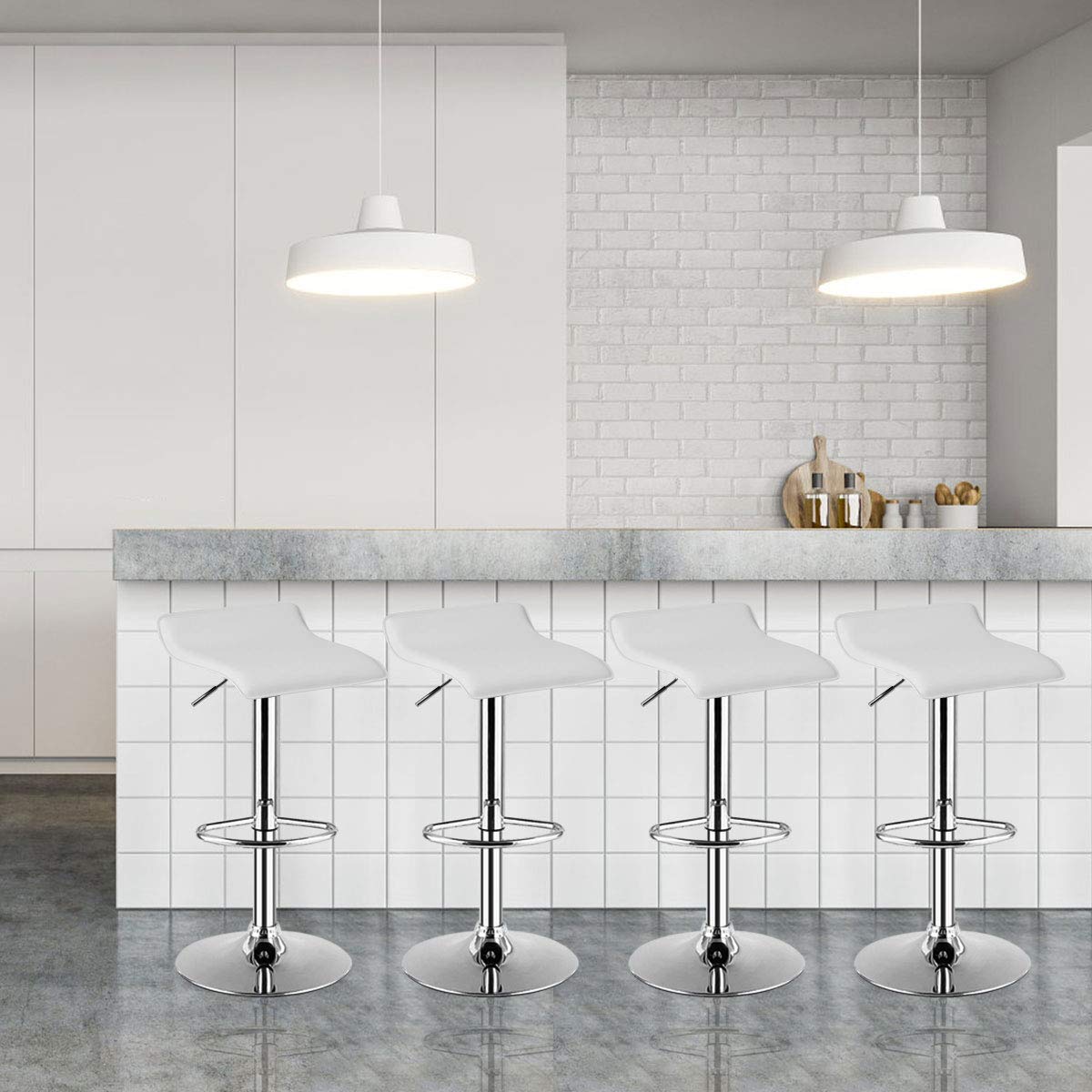 COSTWAY Bar Stools Set of 4, Modern Swivel Contemporary barstools with Adjustable Height, Footrests, Chrome Hydraulic PU Leather Backless Bar Chairs for Kitchen Island Cafe Pub, White