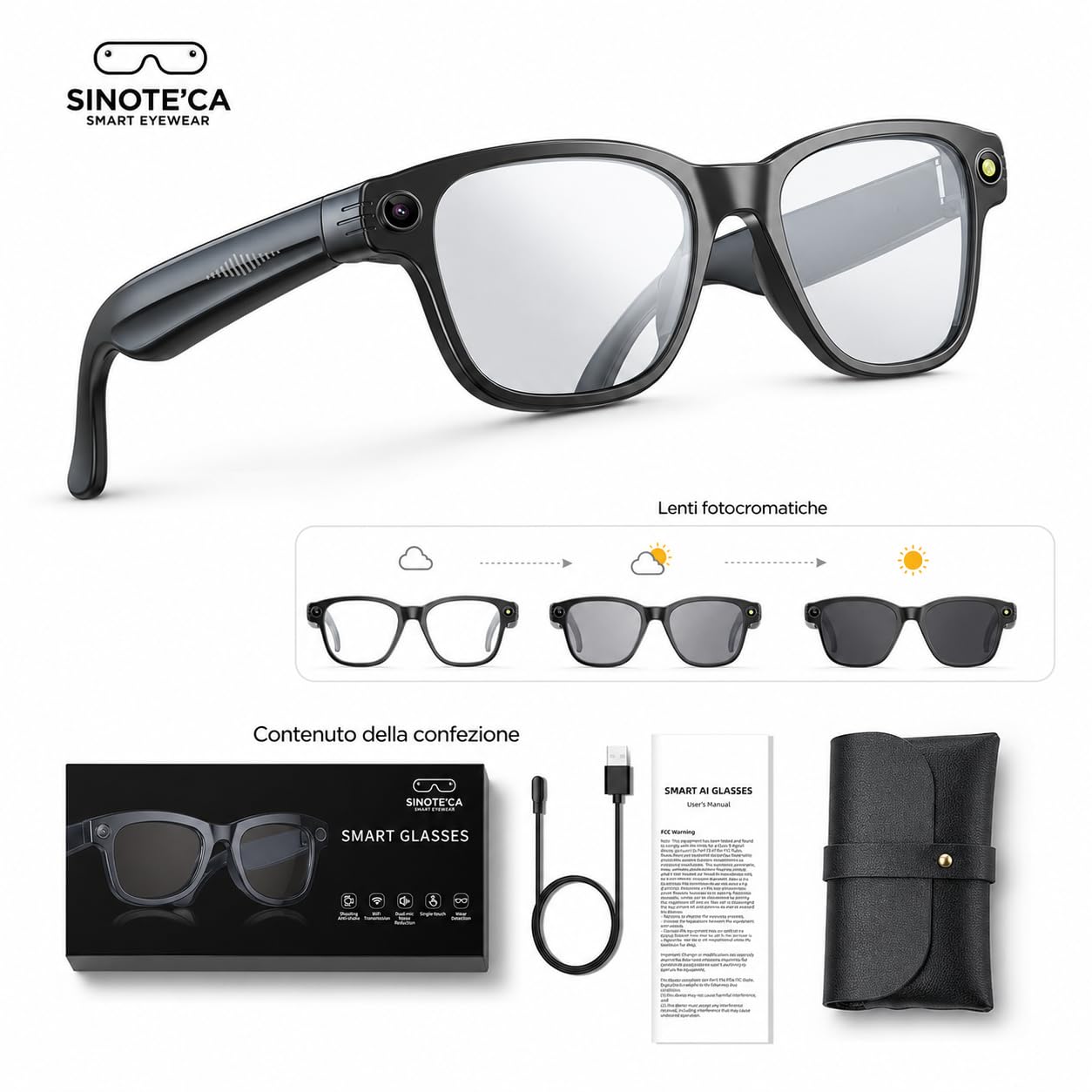 SINOTE'CA AI Smart Glasses, Occhiali Intelligenti Bluetooth con Telecamera 8MP, Lenti Fotocromatiche, Audio Open-Ear e Traduzione in Tempo Reale, per Sport e Vita Quotidiana