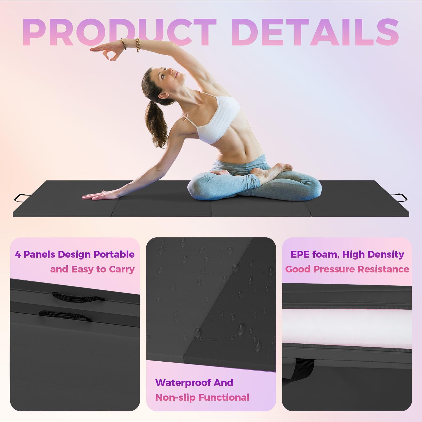 Esterilla plegable para gimnasia (180 x 90 cm, 4 compartimentos), color negro
