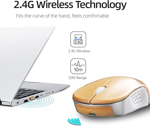 Miniatura 3 de Icemouse - Mouse inalámbrico para computadora, mouse inalámbrico de bambú recargable de 2.4 GHz óptico silencioso con receptor USB y 4 DPI