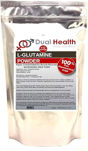 L-glutamina (17.64 oz - 1.1 libras) Polvo puro 5000 mg de forma libre suplementos a granel, fabricado en Estados Unidos, digestión inmunológica
