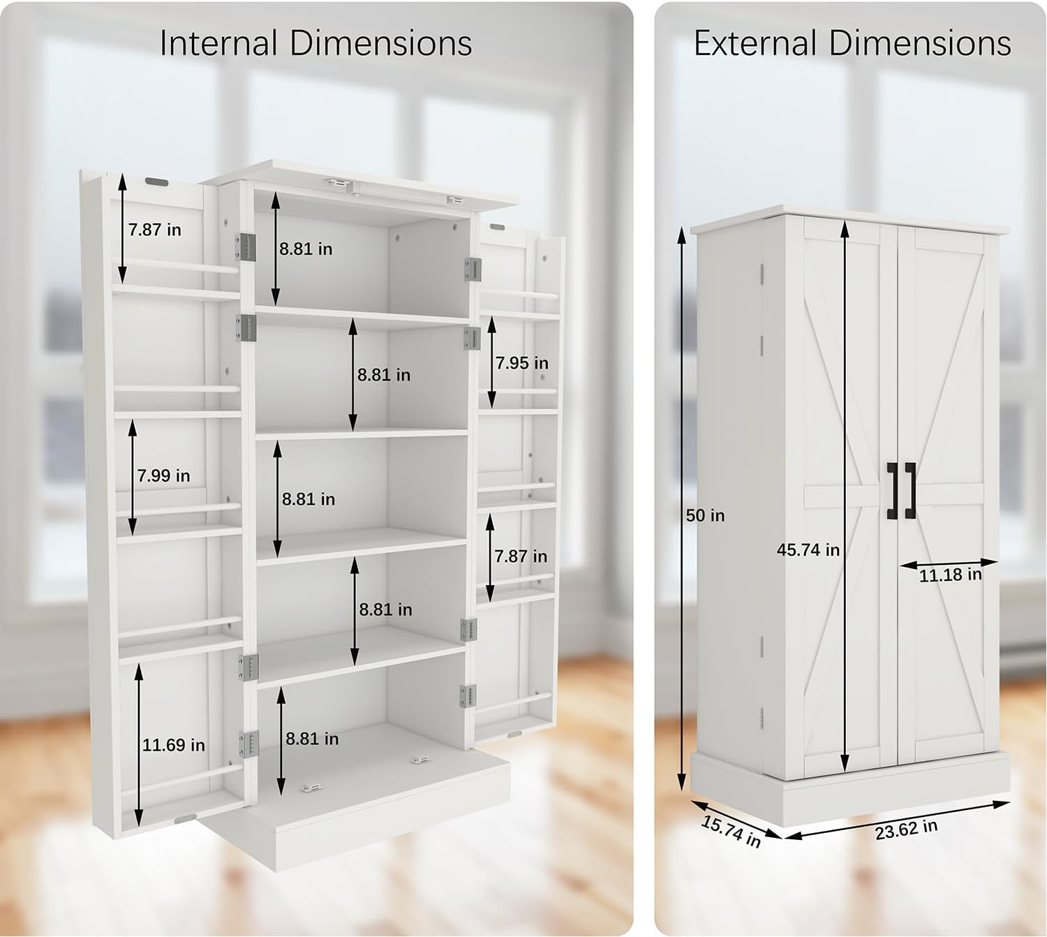 Kitchen Pantry Storage Cabinet w/LED, 50" Pantry Cabinets w/Doors and Adjustable Shelves, Freestanding Pantry Cupboard for Kitchen, Dinning Room, Living Room, Small Place, White