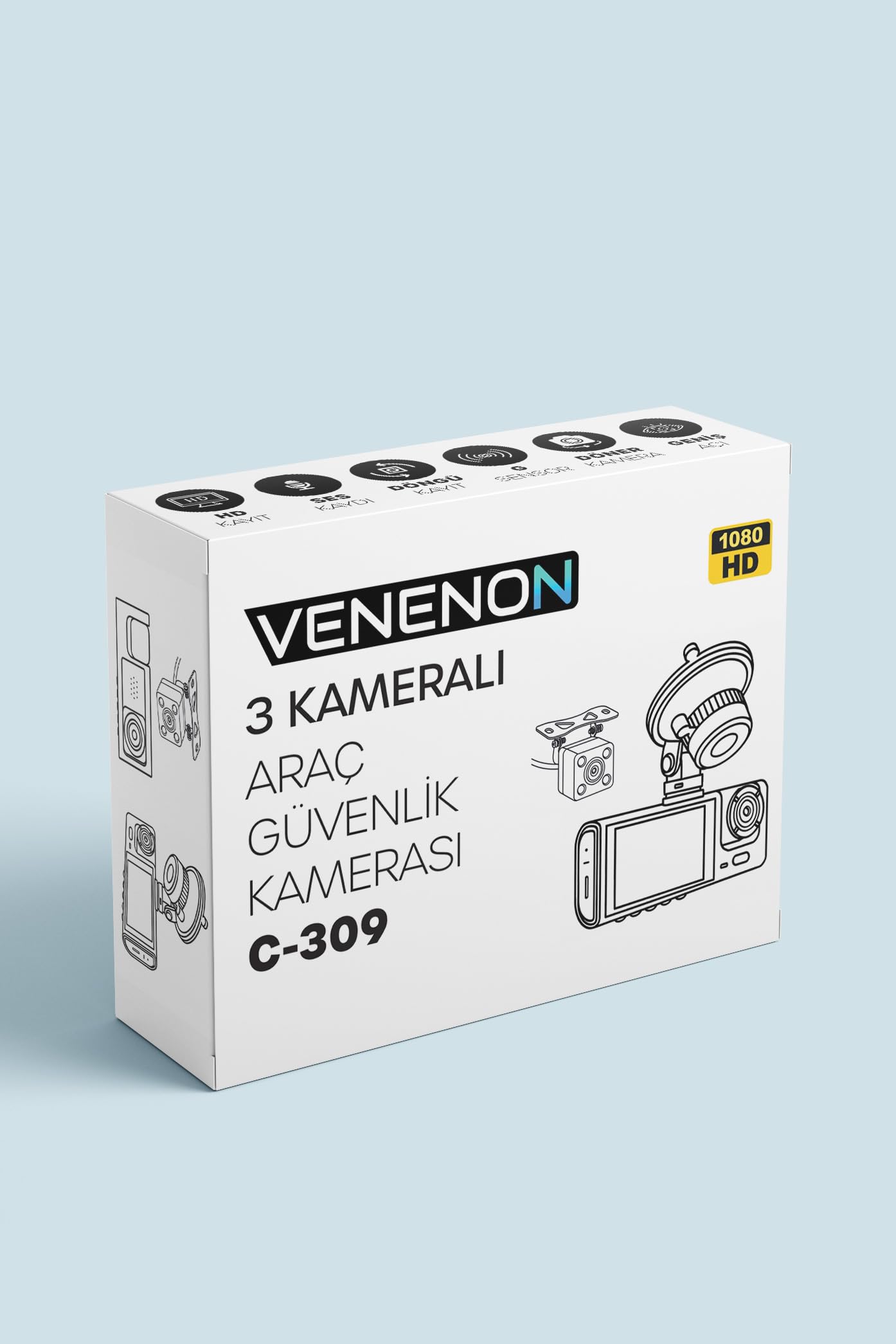 3 Kameralı LCD Ekran Araç Kamerası FullHD Geniş Açı Ön + Arka + Araç İçi Kamera Hareket Sensörü C309