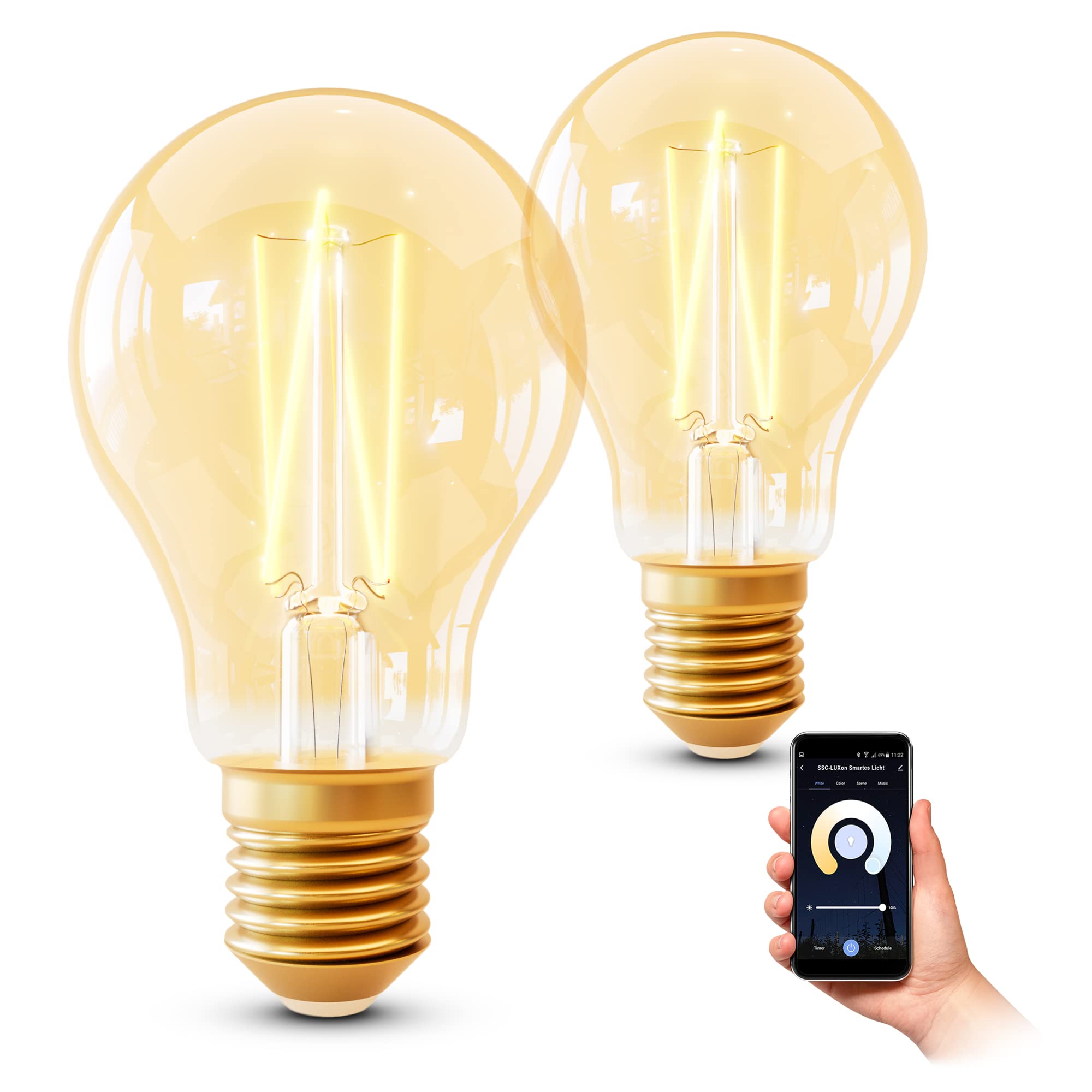 SSC-LUXon 2x Retro Glühbirne E27 dimmbar kompatibel mit Alexa, Siri & Google (kein Hub notwendig) - Wifi Filament LED Birne warmweiß bis kaltweiß