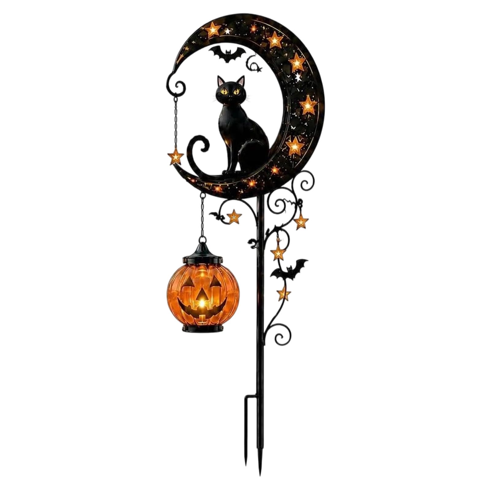 Pasisuu Halloween Solar Garden Stake Light, Metal Black Cat & Pumpkin Moon Light, Waterproof Halloween Decorations for Lawn Patio Yard Pathway Outdoor Decor, Gifts for Women 1pc