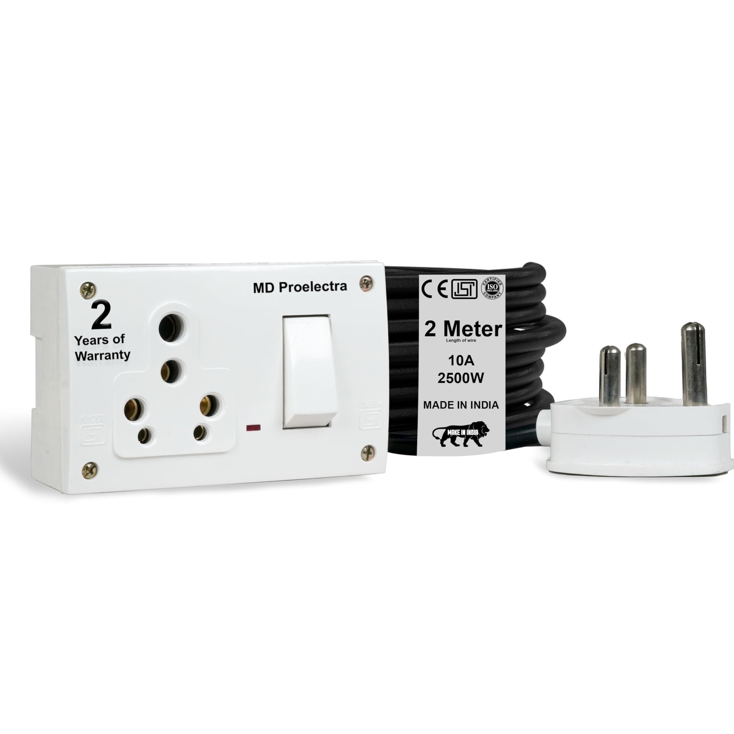 MD Proelectra Advanced Power Saving Extension Board - 2 Meters Heavy Duty Cord, Socket and Switch 2500W 10A, Inbuilt Energy Saver and Surge Protector- Electric Extension Board for Indoor Outdoor Use