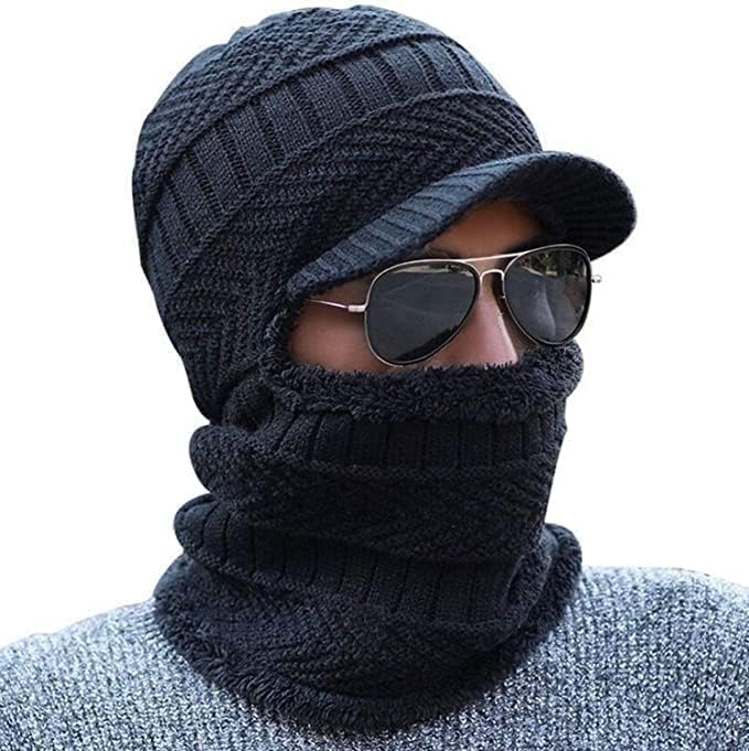 Winter Cap with Neck Warmer Set | Fleece Lined Knitted Beanie with Visor | Warm Woolen Skull Cap for Men & Women | Thermal Windproof Outdoor Hat for Winter Cycling, Riding, Travel Black-image-46