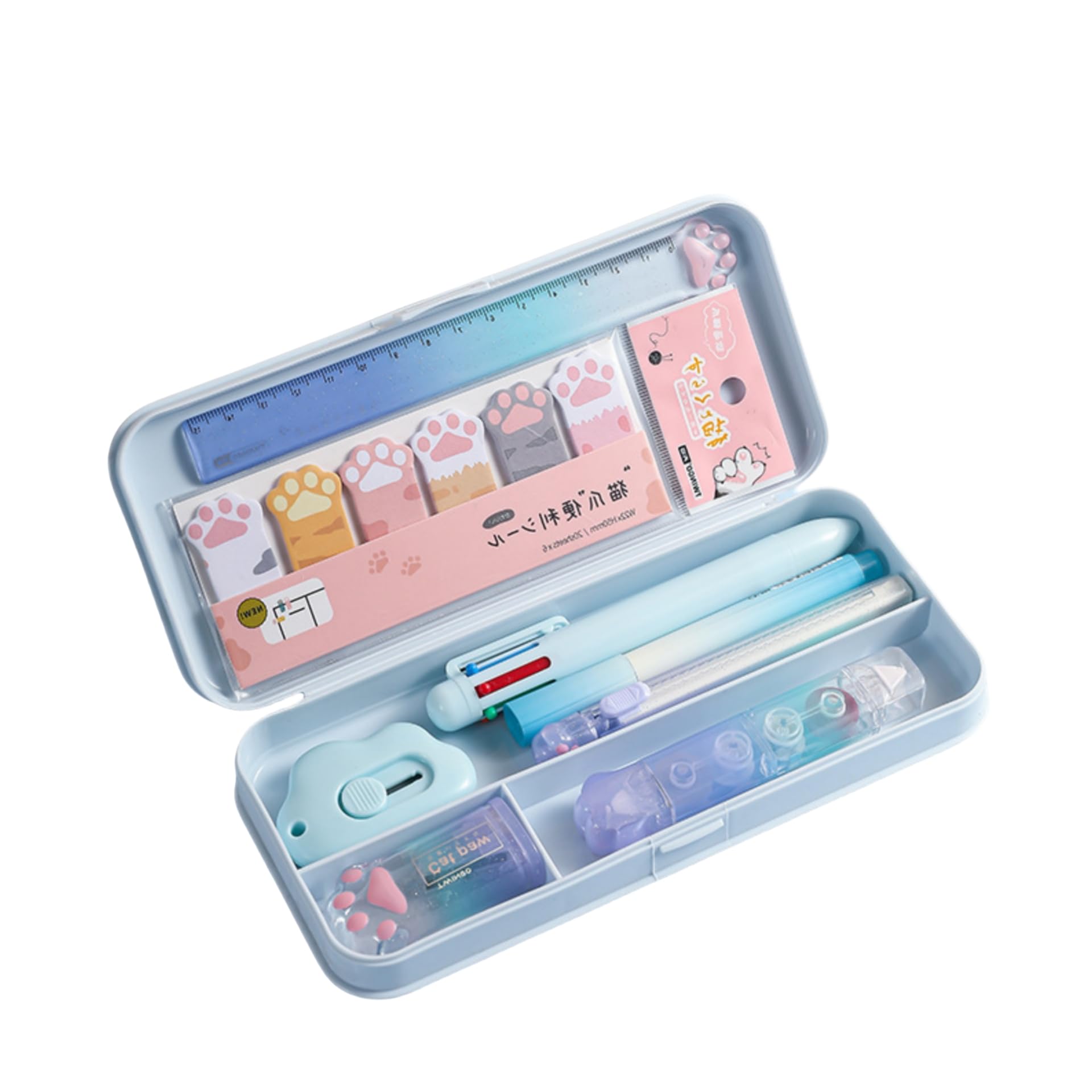 HONPOLO Stylish Stationery Set Pencil Case, Complete Multifunctional Student Supplies Kit Box, Includes Sharpener, 6-Color Ballpoint Pens, Ruler, Frosted Pencil Case, for School & Study Needs (Blue)