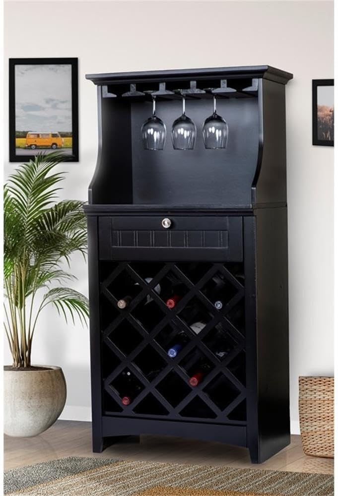 Pemberly Row Traditional Engineered Wood Wine Cabinet, Black Finish, 13-Bottle Capacity, Drawer Storage, Stemware Holders, Brushed Aluminum Hardware, Sleek Bar Organizer for Home