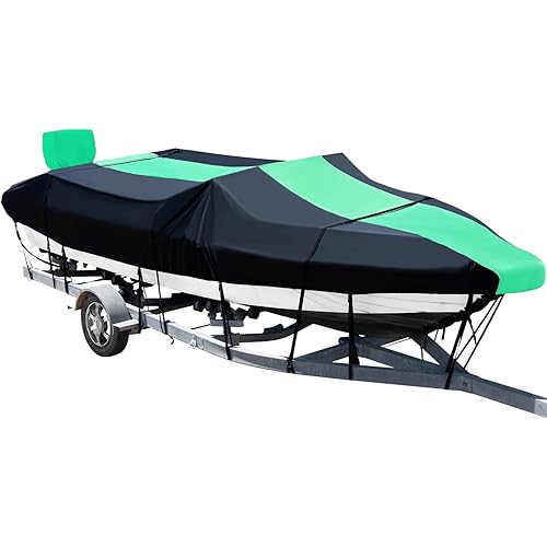 XYZCTEM Marine Grade Waterproof UV Resistant 20'-22' Boat Cover,Fits V-Hull,Fishing Boat,Runabout,Fish&Ski,Pro-Style,Bass Boat (Beam Width: up to 100", Black&Green)