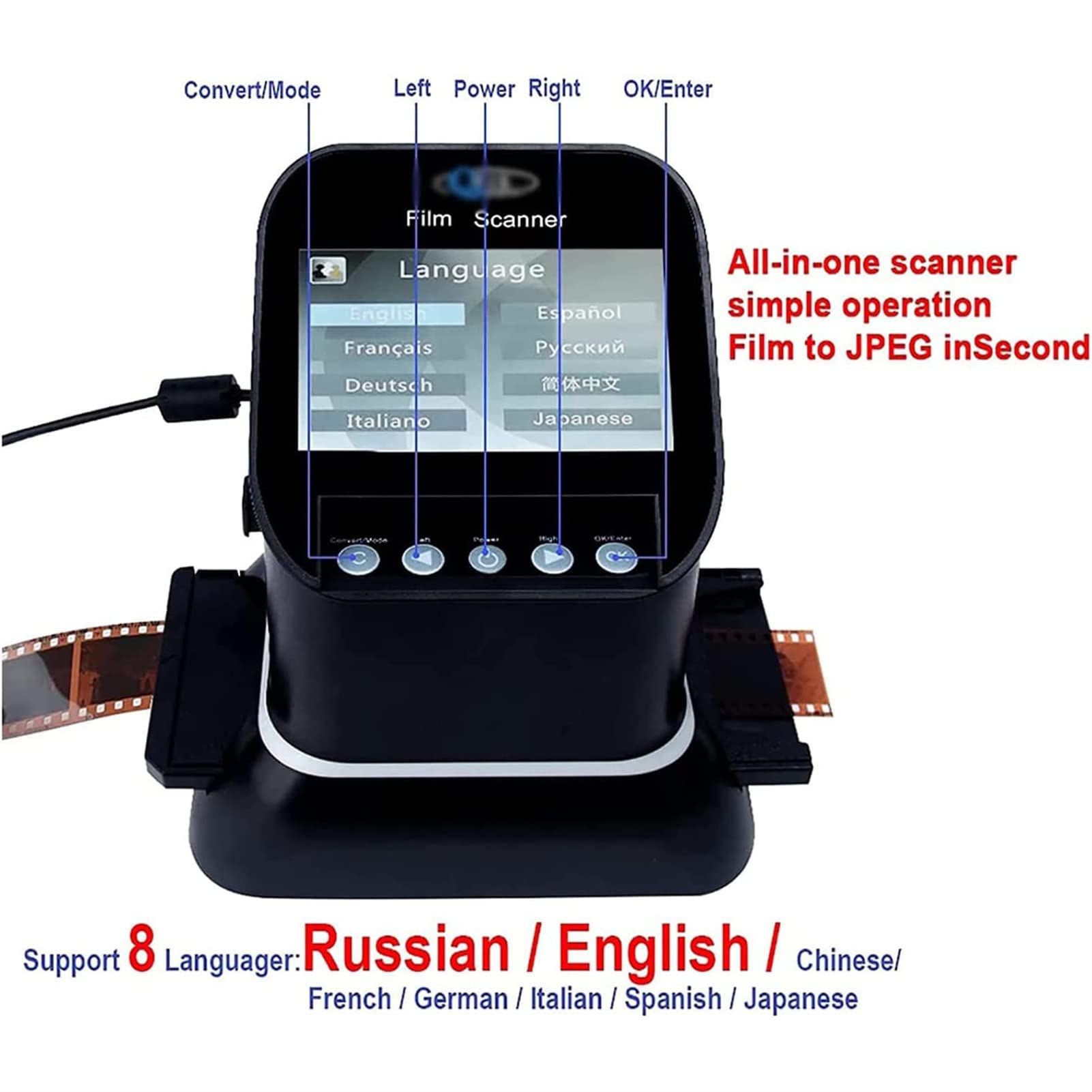 Scanner de diapositives de film, convertisseur de film numérique, convertir 35 mm, 135, 126, 127 négatifs et diapositives en scanner de film haute résolution JPEG 120, écran LCD 1080p
