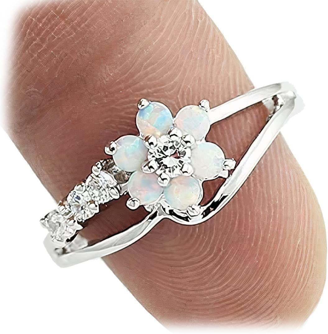 LARDROK Exquisite Round Cut White Created-Opal Stone Flower Created Opal Rings Women Jewelry Birthday Proposal Gift Bridal Engagement Party Band Rings - Image 6