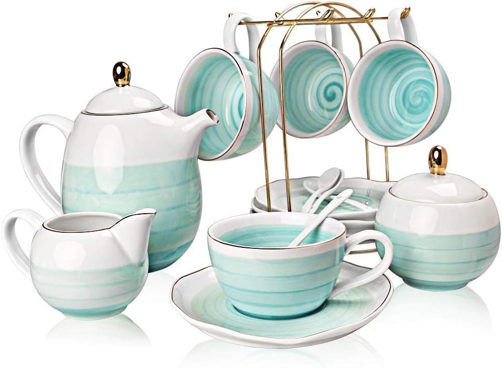 Sweejar Porcelain Tea Sets, 225 ml Cups and Saucer Teaspoon Set of 4, with Teapot Sugar Bowl Cream Pitcher and Tea Strainer for Tea/Coffee,Afternoon Tea Party (Blue)