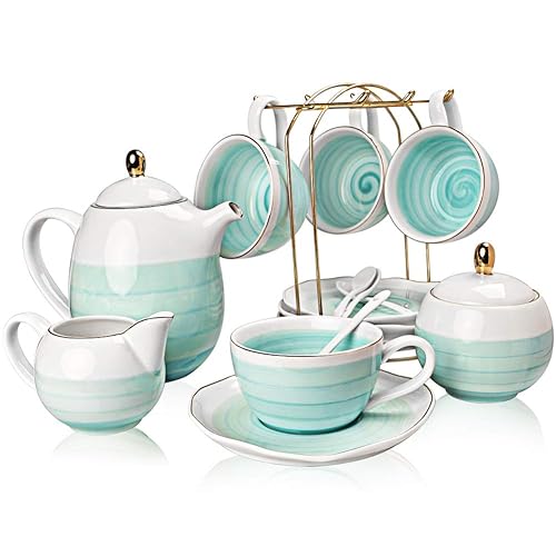 Sweejar Porcelain Tea Set, 8 OZ Capacity, Modern Style, Blue Color, Nature Pattern, 16 Piece Tea Service for 4, Includes Teapot, Sugar Bowl, Cream Pitcher, Teaspoons and Tea Strainer - Blue