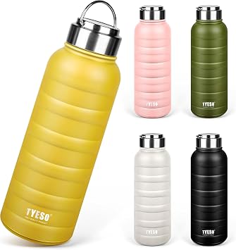 TYESO Water Bottle Vacuum Insulated Sports Bottle Direct Drinking Stainless Steel Double Wall Wide Mouth with Handle Adults Children Yello, 34 oz