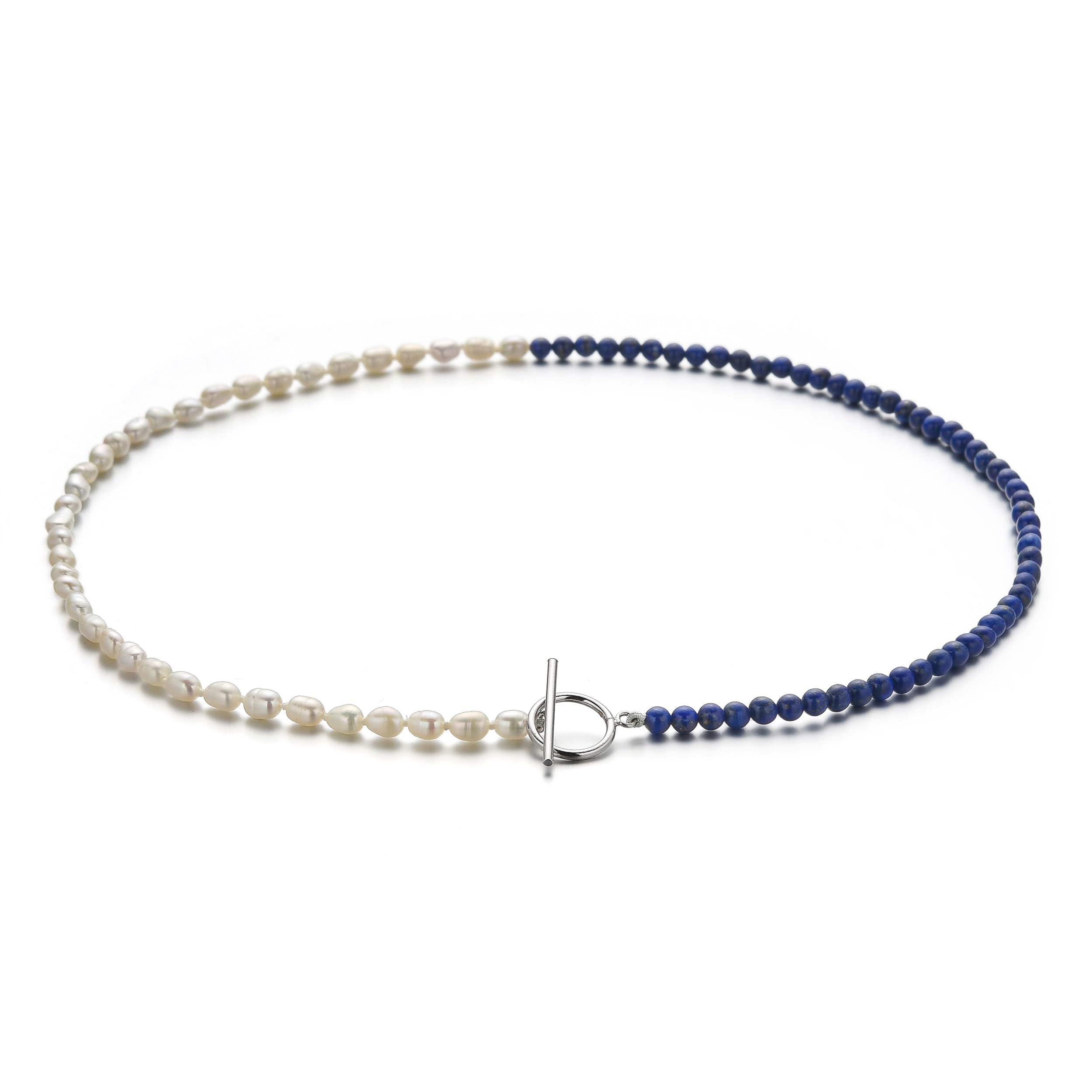 Jo & Co. Collana con mezza perla con perle d'acqua dolce di riso da 4 mm e perline di ametista lucidate da 4 mm con chiusura a levetta in argento Sterling placcato al rodio