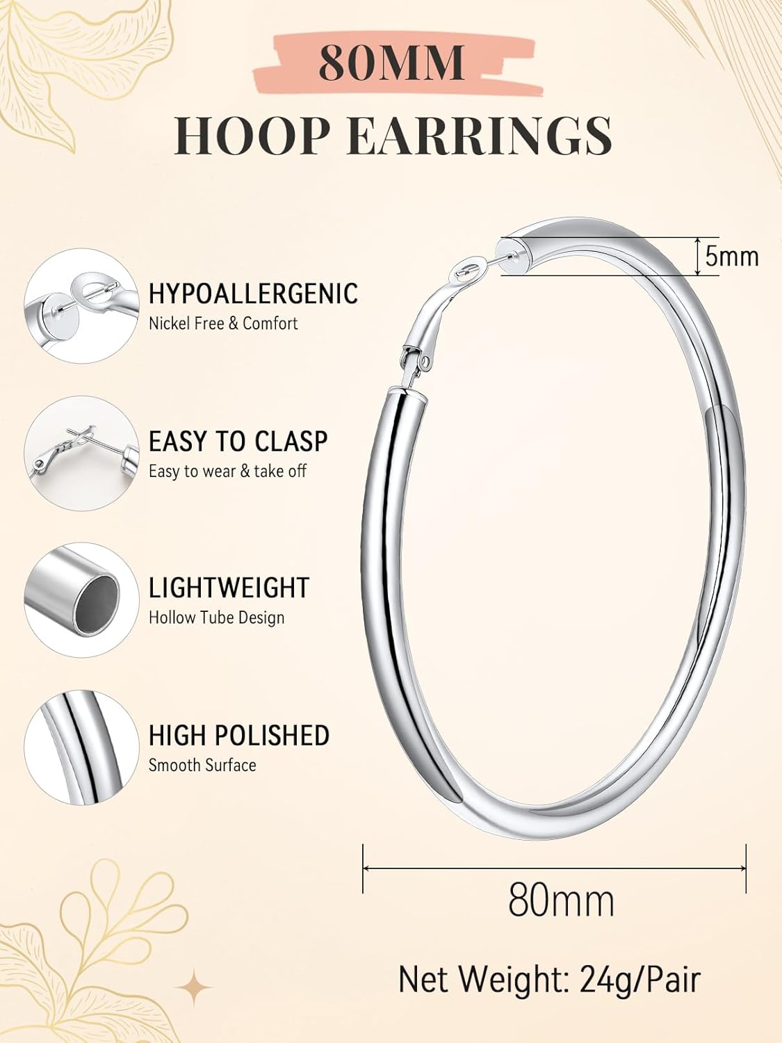 FaithHeart Chunky Hoop Earrings for Women, Silver/Black/14K Gold Plated Stainless Steel Earrings 5mm Thick Hollow Tube Hoops Hypoallergenic Lightweight Earring 20/30/40/50/60/70/80mm - Image 4