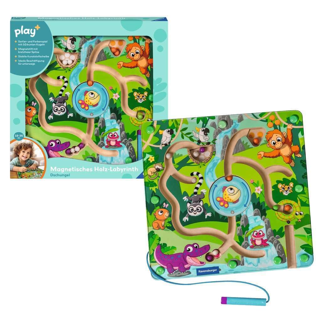 Ravensburger 4873 Play+ Magnetisches Holz-Labyrinth: Dschungel, schult Feinmotorik, Geschicklichkeit und Farberkennung, Reisebegleiter, pädagogisches Holzspielzeug für Kinder ab 18 Monaten