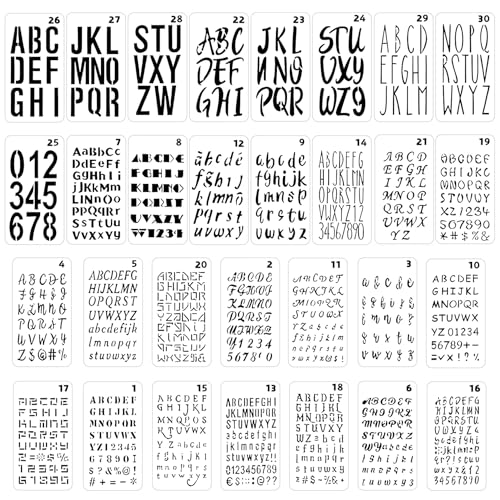 CllyCnny 30Pcs Letter Stencils for Painting : Reusable 1/2 to 2 Inch Small Alphabet Stencils with Calligraphy Font Numbers & Symbols for Crafts Fabric Wood Scrapbooking & DIY Art