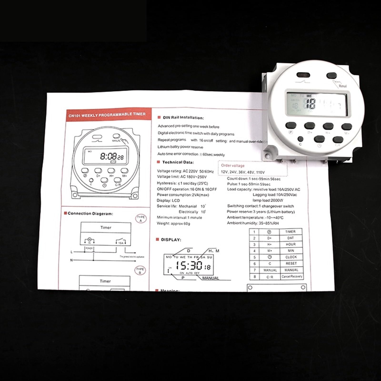 CN101A Interruptor temporizador AC/DC 12V 24V 110V 120V 220V 230V 240V Digital LCD Power Week Mini programable Time Switch Relé 8A a 16A (Color: DC12V)