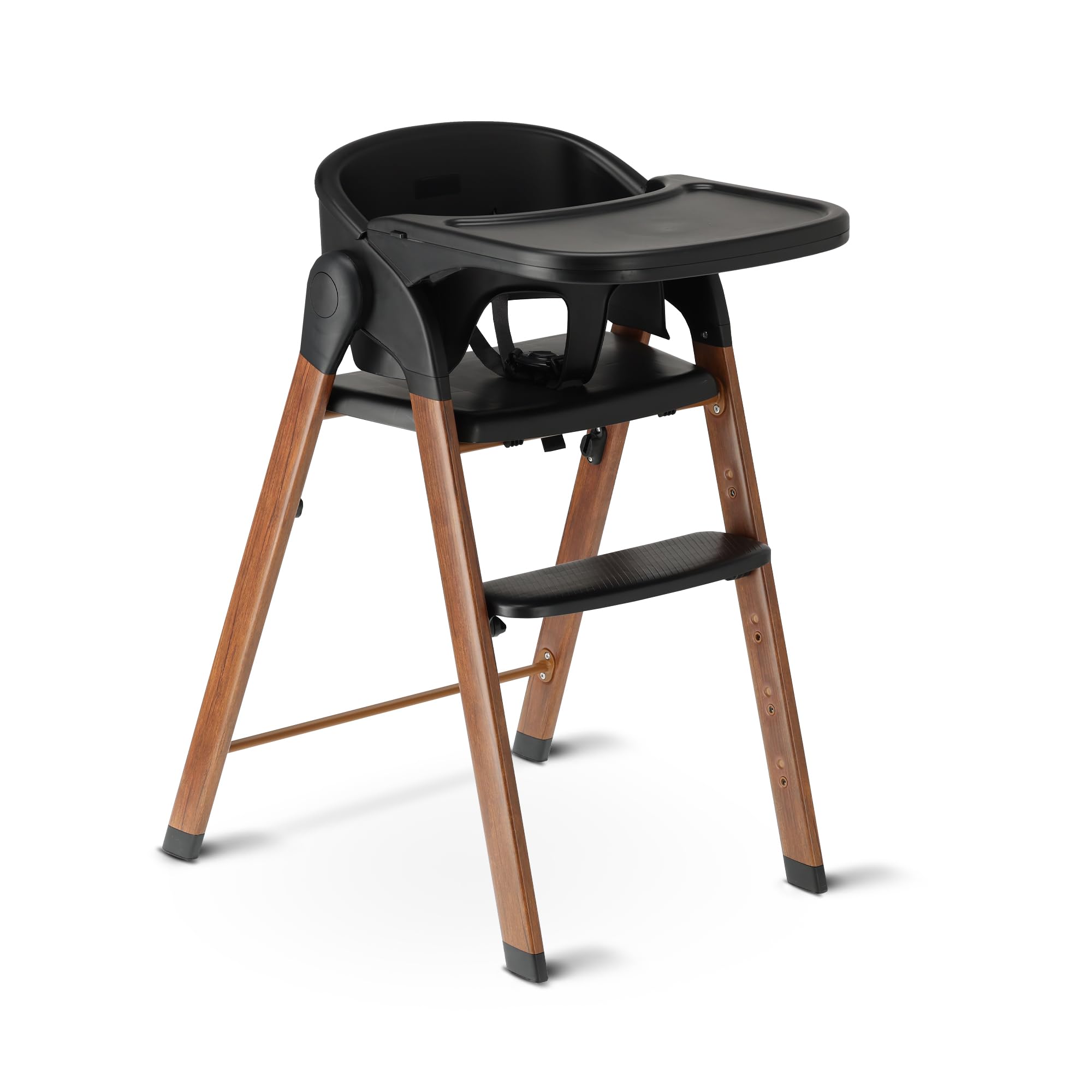 Deryan Seggiolone per bambini e bambini – Seggiolone pieghevole in legno – Include cintura a 5 punti – Regolabile in altezza e pieghevole – Include cintura di sicurezza e vassoio – Nero/Legno