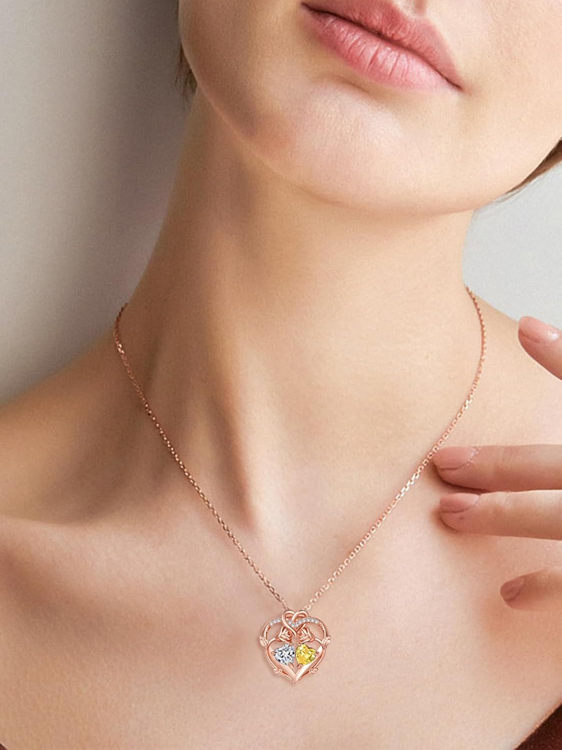 Rose Gold Necklaces for Women Double Birthstone Rose Flower Heart Pendant Necklace Jewelry Anniversary Christmas Valentine's Mother's Day Birthday Gift for Wife Mom Her Girlfriend Sister - Image 4
