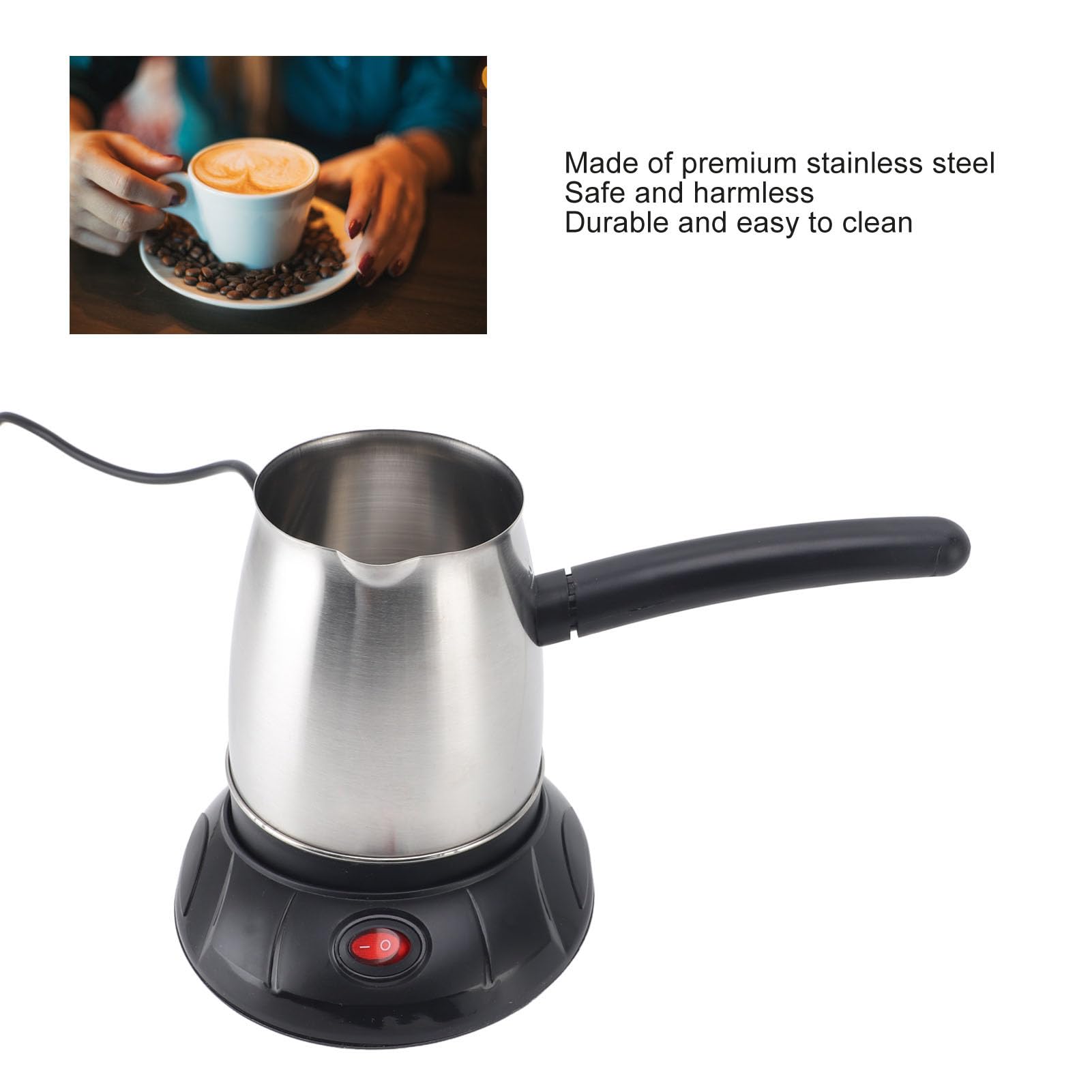 Fdit Caffettiera Turca Elettrica da 500 ML, Caffettiera con Base Antiscivolo, Bollitore per caffè in Acciaio Inossidabile con Manico Rimovibile per Domestica, Tè, Latte, Spina
