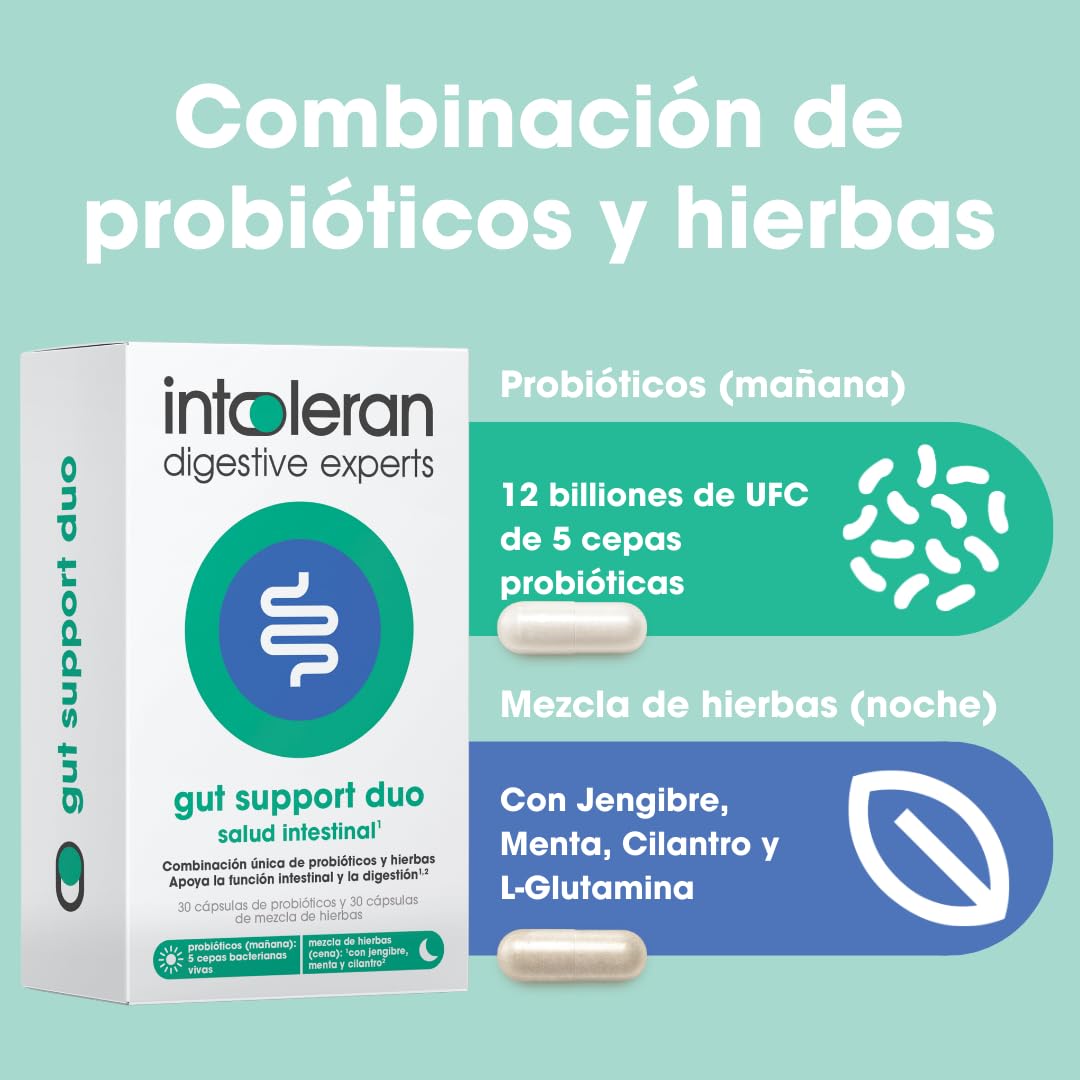 Intoleran Gut Support Duo - 30 cápsulas de probióticos y mezcla de hierbas | Probióticos - Mezcla de hierbas | Apoyo a la función intestinal y la digestión | 2 cápsulas al día | 5 cepas bacterianas