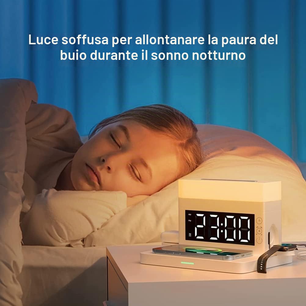 Stazione di ricarica wireless 6 in 1 con luce notturna a LED Sveglia digitale 18W Ricarica rapida compatibile per 13/12/11/Pro/SE/XS/XR/X/8Plus/8/ Galaxy/iWatch/AirPods