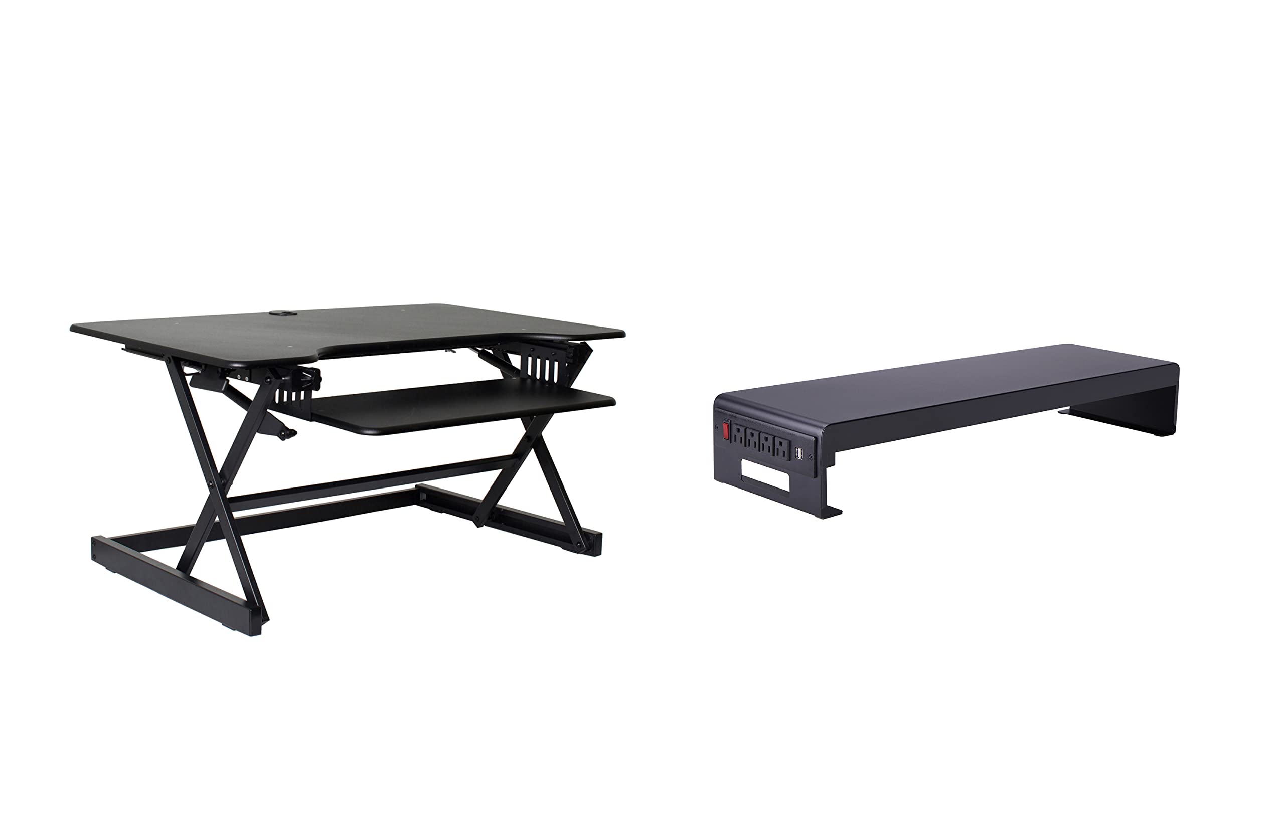 Rocelco 40" Large Height Adjustable Standing Desk Converter with Dual Monitor Stand Bundle - Quick Sit Stand Up Computer Workstation Riser - Retractable Keyboard Tray - Black (R DADRB-40-DMS)
