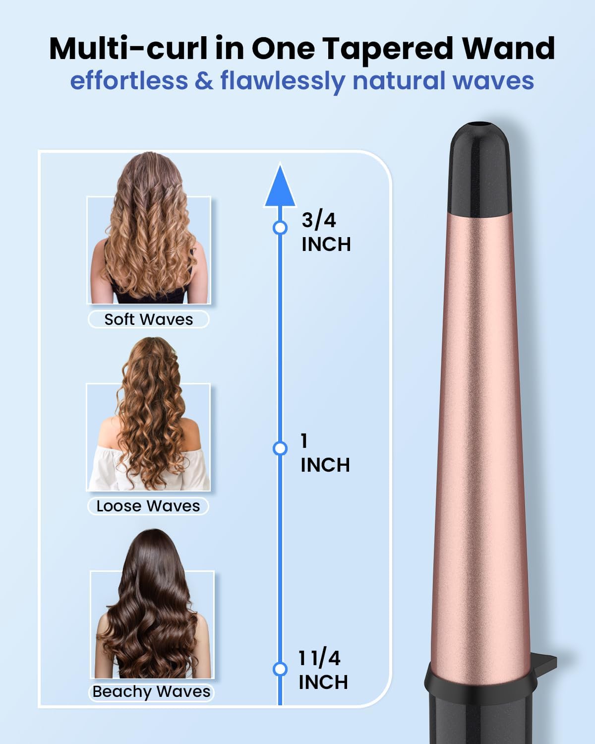 Dual Voltage Curling Wand for Europe Travel,Tapered Creamic Curling Iron Wand 1 ¼-inch to 3/4-inch for Long Hair,100-240V|Glove Include