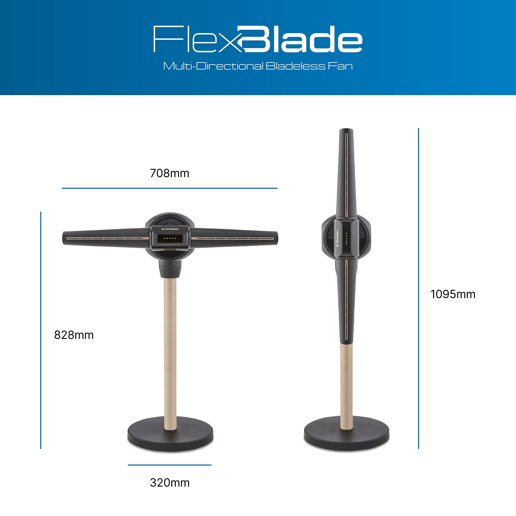 DIMPLEX FlexBlade Ventilateur sans Pales sur Pied, Double Direction 2×180°, Oscillation 90°, Portée 20 m, Silencieux 36 dB, Télécommande Magnétique, 5 Vitesses, Minuterie