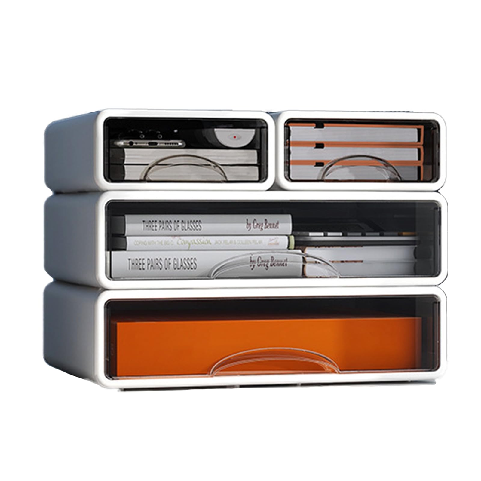 Desk Organizer with Drawers, Stackable Storage Drawers with Compartments Desktop Organization for Office Supplies, Makeup, Pencils, Tape, Erasers, Paperclips, Chargers (White 2S2M)