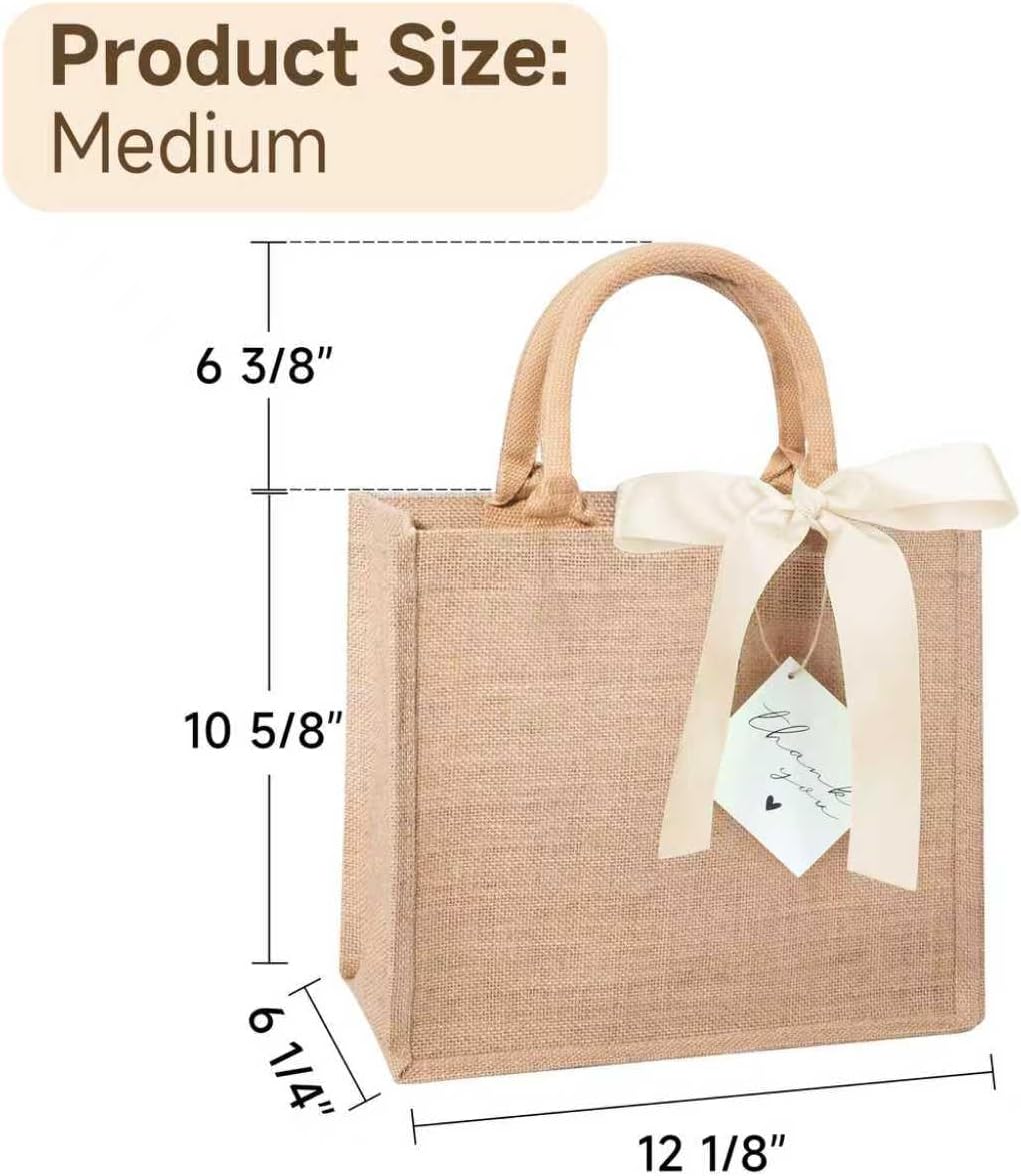 6 Pack Burlap Tote Bags with Handles Reusable Medium Jute Gift Bags with Light Beige Silk Ribbons Waterproof Lining for Wedding Bridesmaid Mother's Day Bachelorette Beach Party