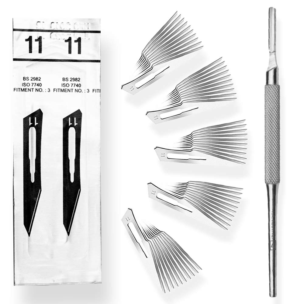 Set - 50 piezas hojas de bisturí No. 11 y mango de bisturí No. 3 - Hojas de repuesto para bisturí hechas de acero al carbono - Estéril