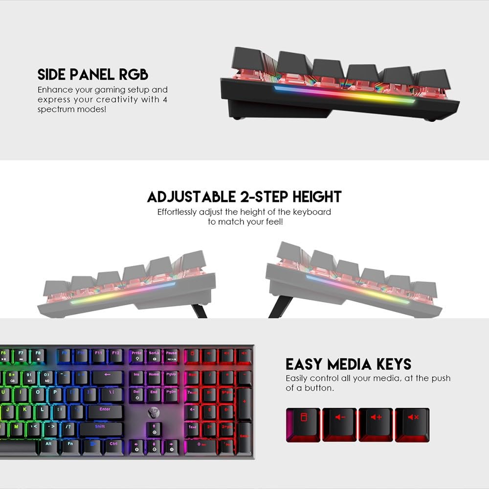 MAXFIT108 keyboard showing side panel RGB lighting and adjustable height mechanism