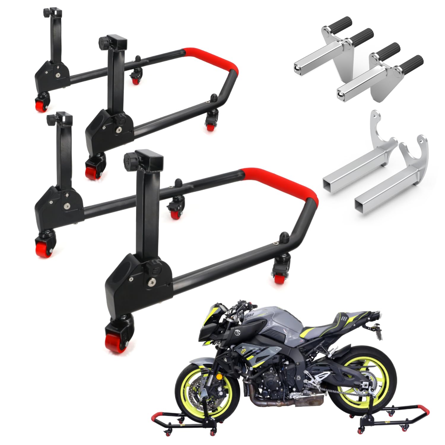 Area1 Motorradständer Set, Hinten & Vorne - 360 Grad drehbar auf Rollen - inkl. 2 Adapter für Diverse Motorräder, bis 300kg, hohe Stabilität und Festigkeit Schwingenadapter Motorradheber (Set2)