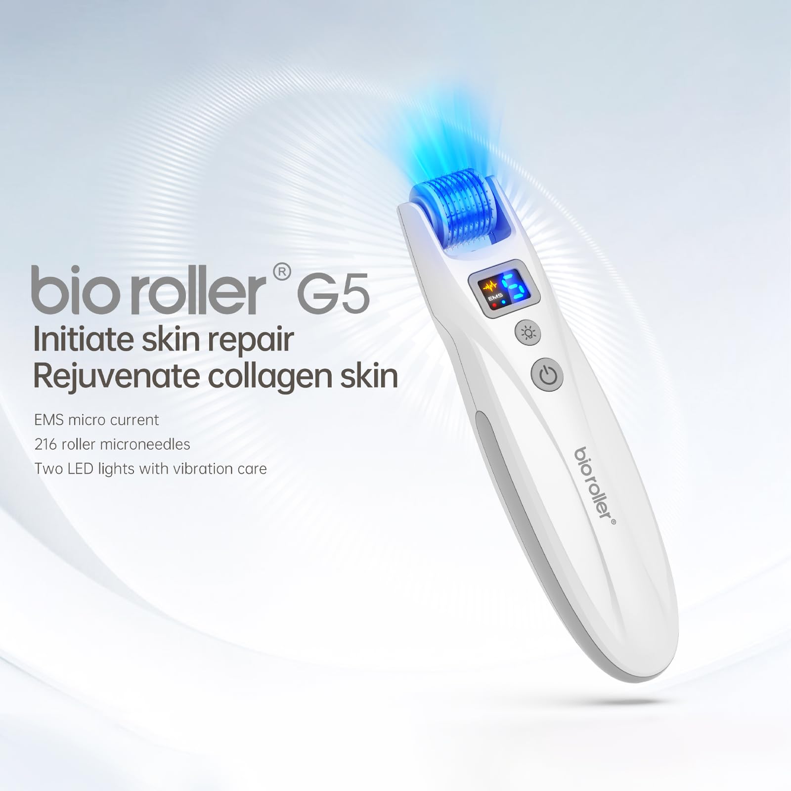 G5 Microneedling Roller Pen — Elektrisches Microneedling Set, 5 EMS Stufen & Rot Blau LED Vibration, geeignet für Gesicht, Körper, Haare & Bart – 2 Patronen