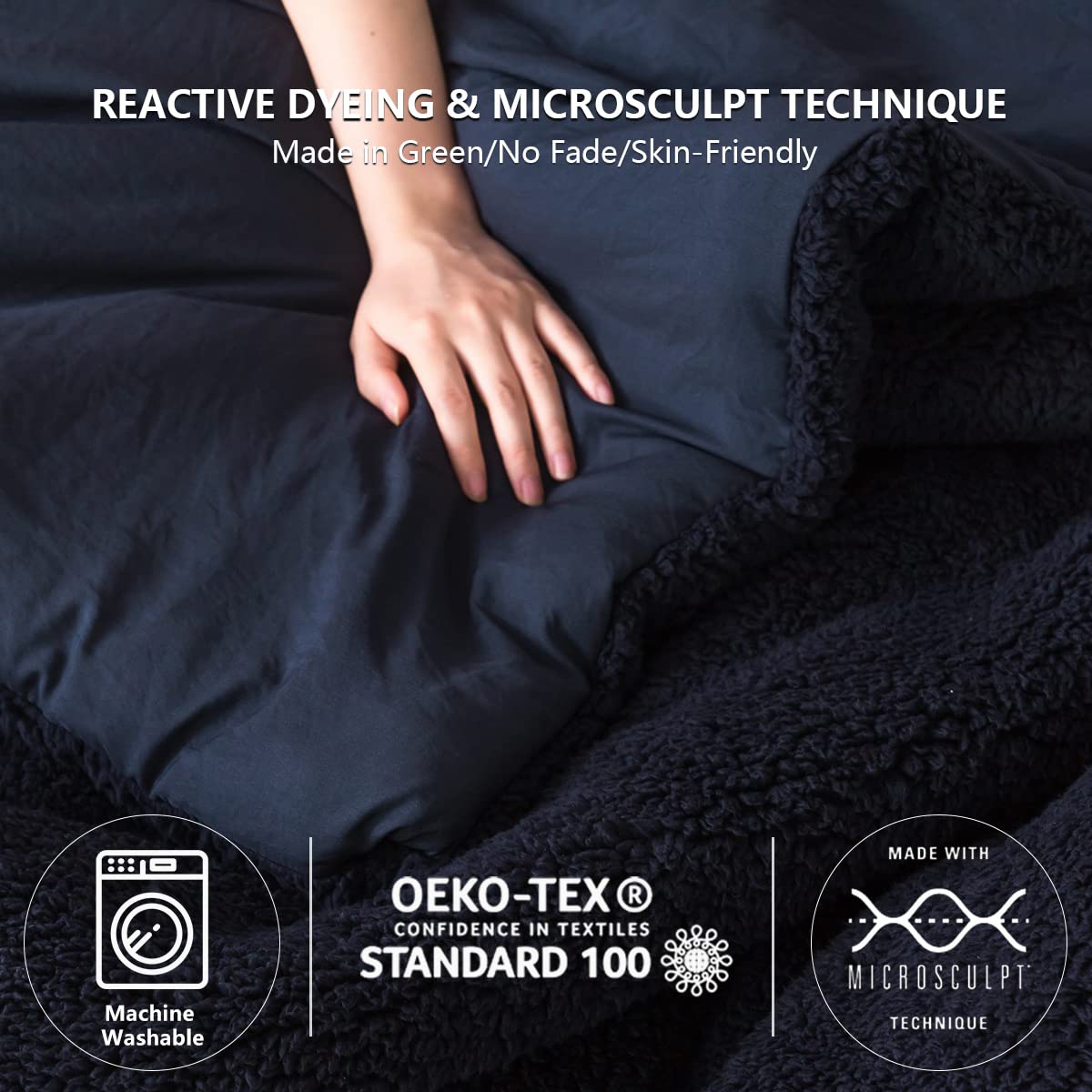 COTTEBED Warm Comforter Queen Size Sherpa Comforter Set Fuzzy Bedding Comforters Washable Cotton Fleece Down Alternative Lightweight Comforter and Pillow Shams(Dark Navy Blue,Full/Queen)