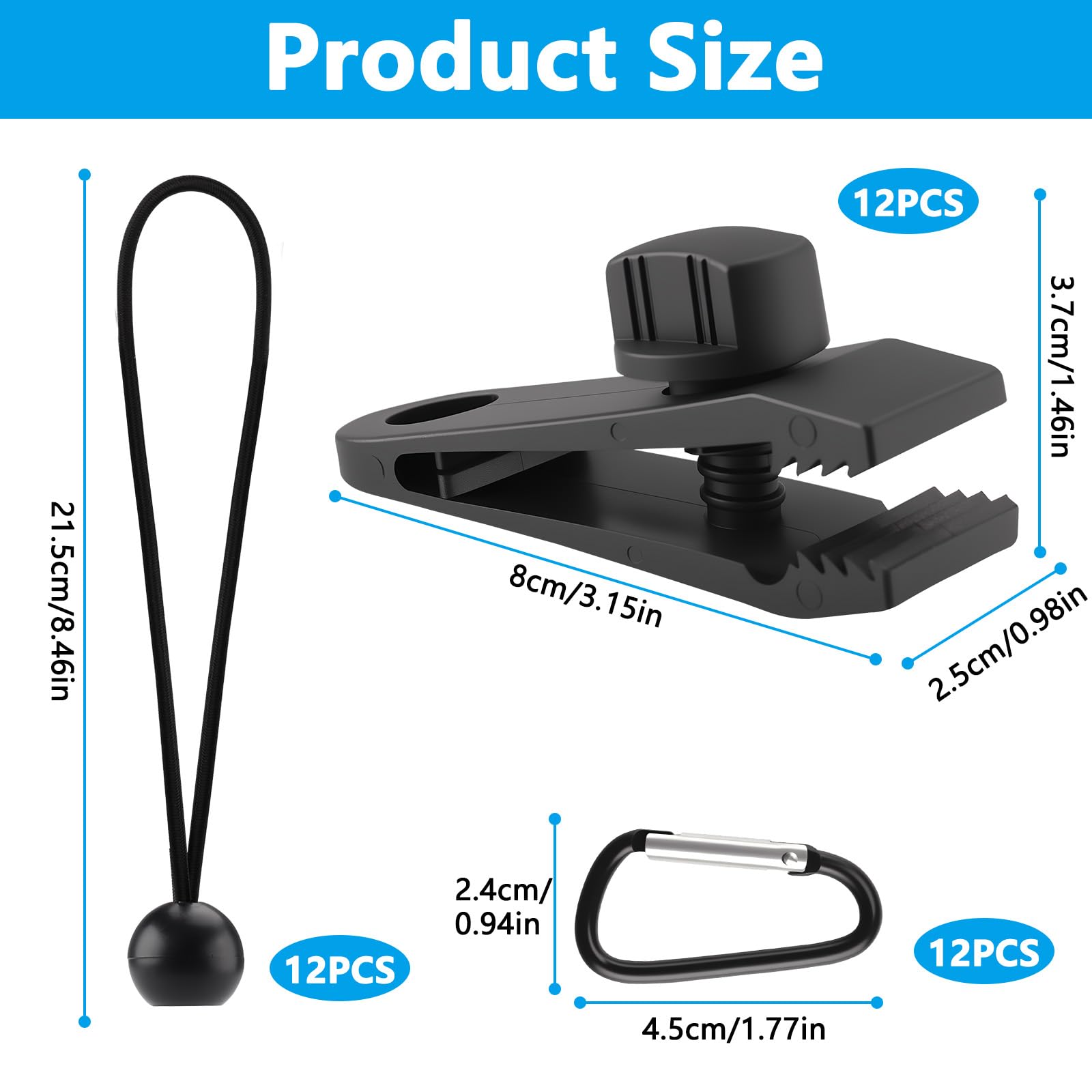 Set di Ganci per Teloni da 36 Pezzi 12 Tarp Clips + 12 Corde Elastiche + 12 Moschettoni Per Tende da Campeggio, Bivi e Teloni di Protezione · Presa Forte e Sicura