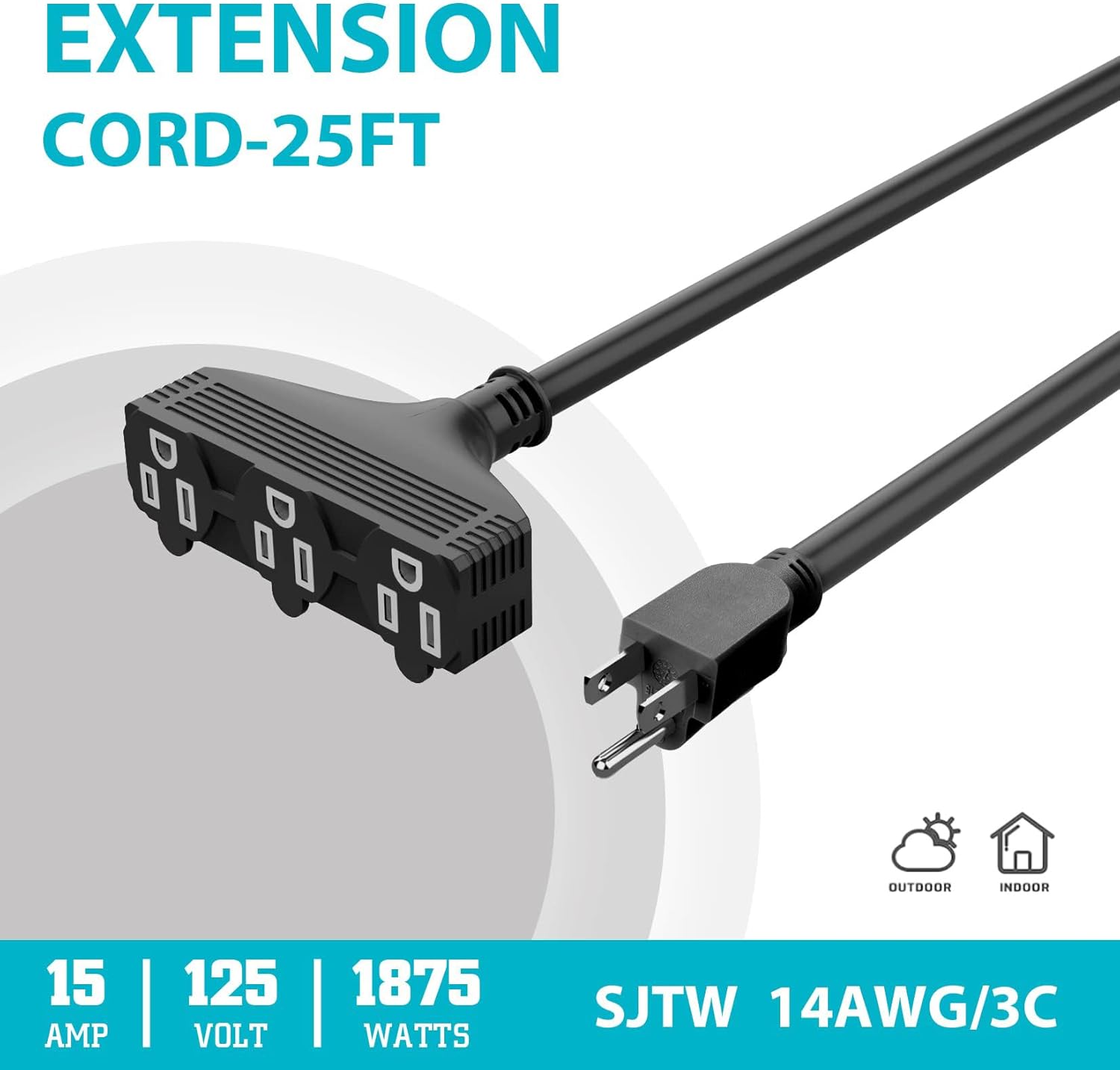 DuraTech Extension Cord 25 ft, Outdoor Extension Cord with Multiple Outlets, 14/3 SJT, 15 Amps, 3 Prong Plug, Heavy Duty Power Strip, Black
